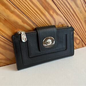 Cole Haan Black Leather Turn-Lock Wallet with Silver Hardware